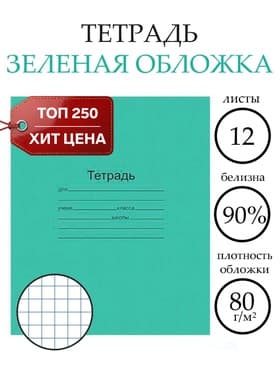 Тетрадь 12 листов в клетку «Зелёная обложка», плотность 60 г/м²