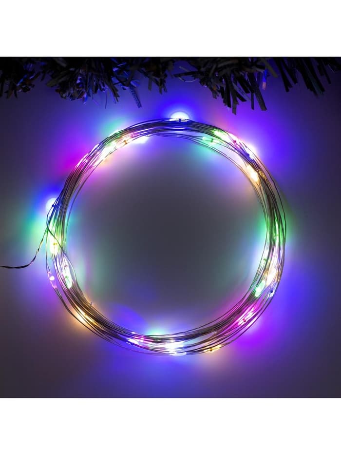 Гирлянда «Нить» 5 м роса, IP20, серебристая нить, 50 LED, 2 режима, батарейки AAх3 (нет в комплекте), свечение мульти