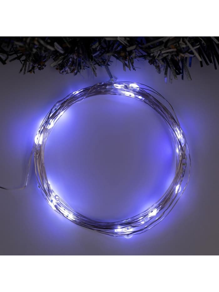 Гирлянда «Нить» 5 м, роса, IP20, серебристая нить, 50 LED, мерцание всех светодиодов, от батареек АА×3, свечение белое