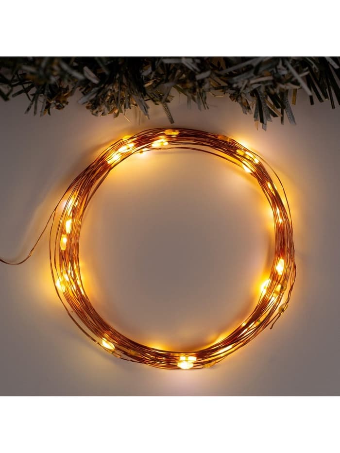 Гирлянда «Нить» 5 м, роса, IP20, медная нить, 50 LED, мерцание всех светодиодов, от батареек АА×3, свечение тёплое белое