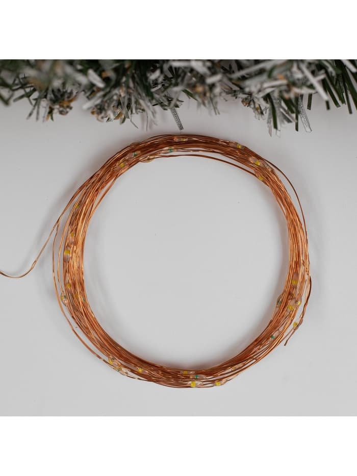 Гирлянда «Нить» 5 м, роса, IP20, медная нить, 50 LED, мерцание всех светодиодов, от батареек АА×3, свечение тёплое белое