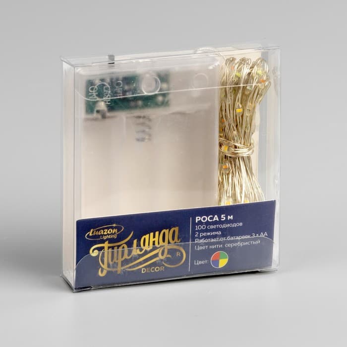 Гирлянда «Нить» 5 м, роса, IP20, серебристая нить, 100 LED, 2 режима, от батареек AAх3, свечение мульти