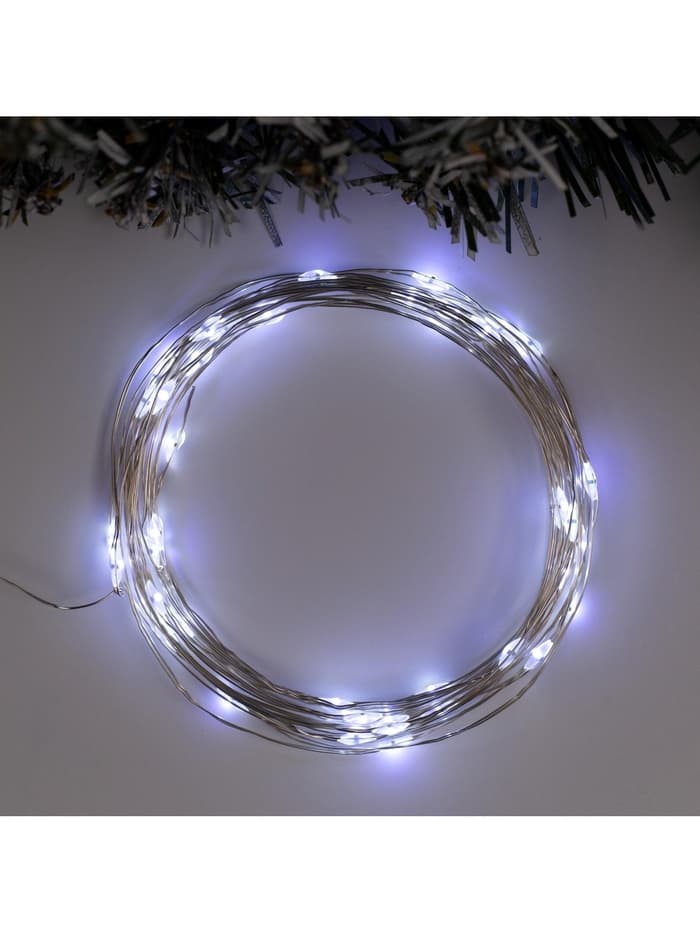 Гирлянда «Нить» 5 м, роса, IP65, серебристая нить, 50 LED, 8 режимов, от батареек АА×3, свечение белое