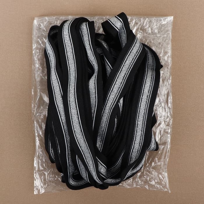 Тесьма трикотажная лампас 25 мм, 9±0.5 м, цвет чёрный, серебряный