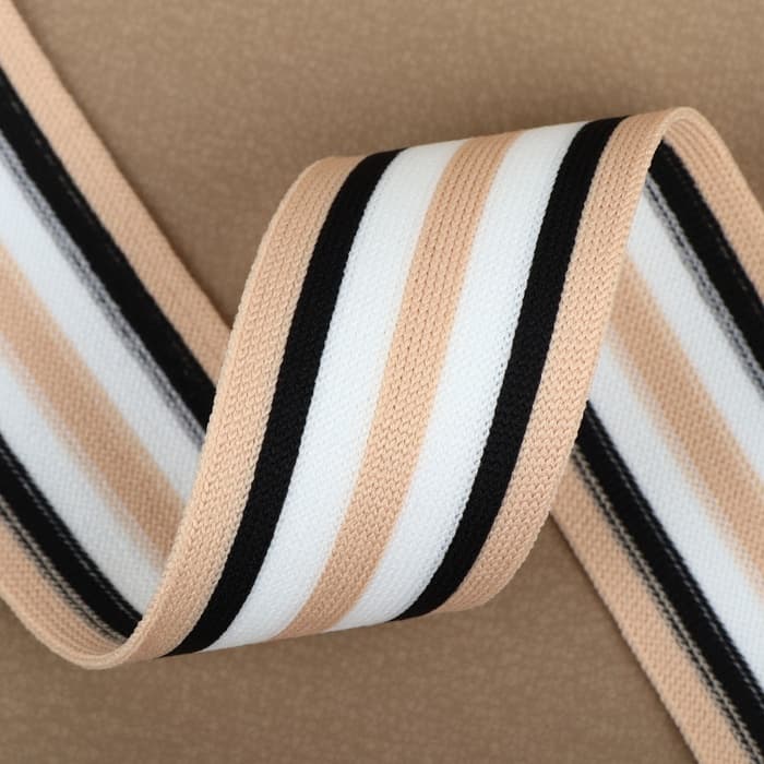 Тесьма трикотажная лампас 40 мм, 9.1 ± 0.5 м, цвет бежевый/чёрный/белый