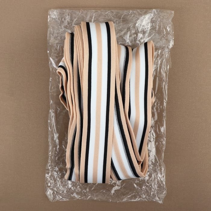 Тесьма трикотажная лампас 40 мм, 9.1 ± 0.5 м, цвет бежевый/чёрный/белый