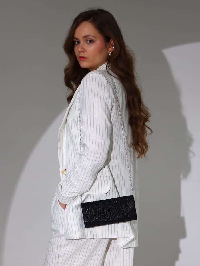 Сумка-клатч вечерняя на магните, на серебристой цепочке, блестящая, чёрная