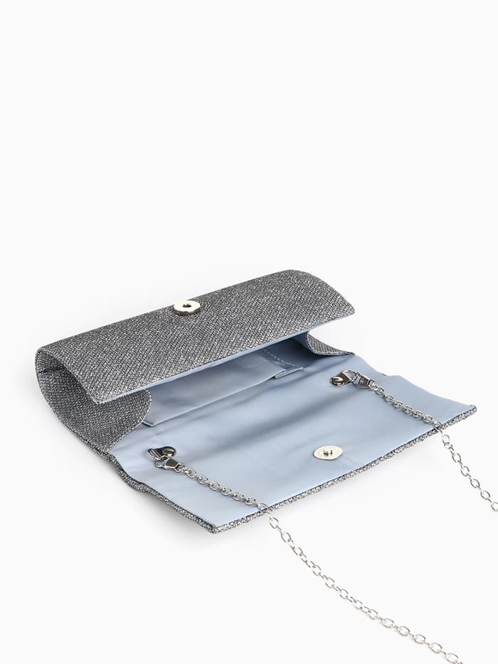 Сумка-клатч женская вечерняя на магните, на длинной цепочке, блестящая, серебристая