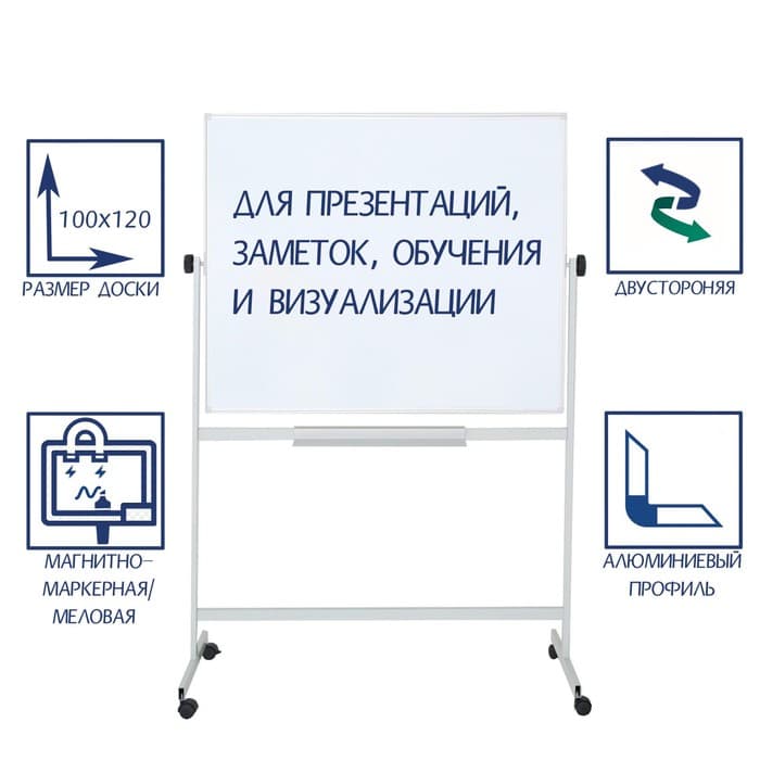 Доска двусторонняя, магнитно-маркерная/меловая, 100×120 см, в алюминиевой рамке, с полочкой