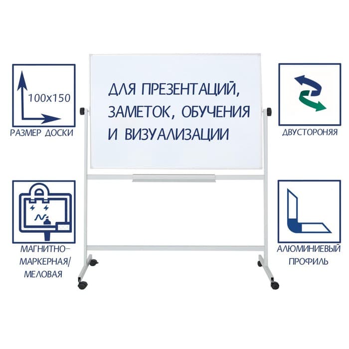 Доска двусторонняя, магнитно-маркерная/меловая, 100×150 см, поворотная на мобильном стенде, в алюминиевой рамке, с полочкой