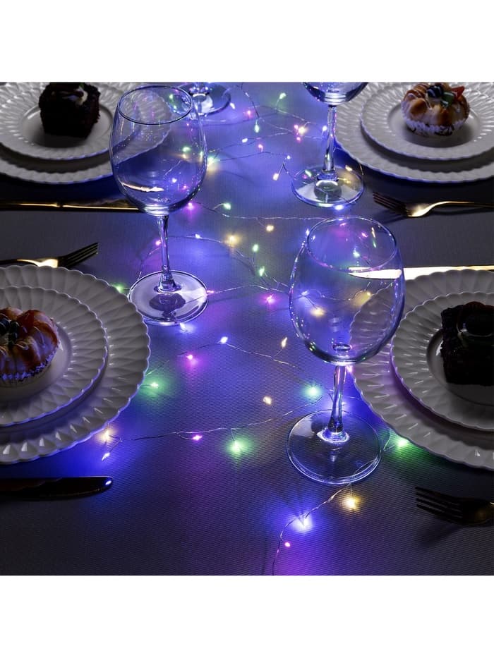 Гирлянда «Мишура» 2 м, роса, IP20, серебристая нить, 50 LED, от батареек CR2032×2, свечение мульти