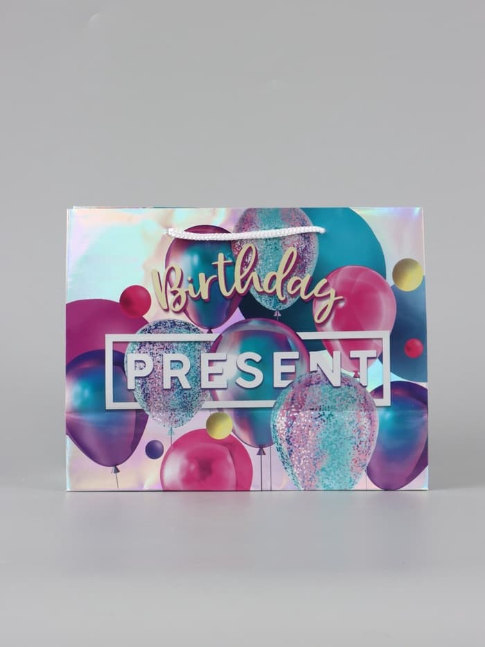 Пакет подарочный голографический, упаковка, Birthday Present, 23×10×18 см