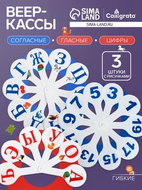 Набор веер-касс, гласные, согласные, цифры от 1 до 20, Calligrata, гибкие, 3 штуки, пакет с европодвесом, МИКС