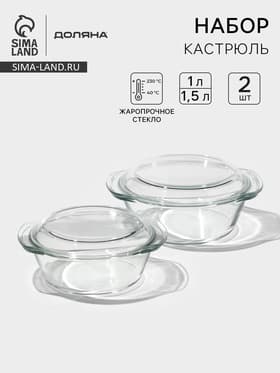 Набор кастрюль для запекания Доляна «Гратен», 2 предмета: 1 л, 1.5 л, с крышками, жаропрочное стекло, прозрачный