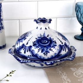 Блинница с крышкой «Цветок», блюдо, 24×15 см, фарфор, гжель