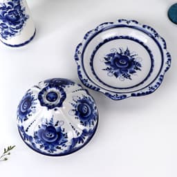 Блинница с крышкой «Цветок», блюдо, 24×15 см, фарфор, гжель