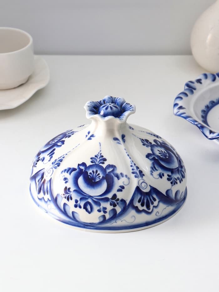 Блинница с крышкой «Цветок», блюдо, 24×15 см, фарфор, гжель