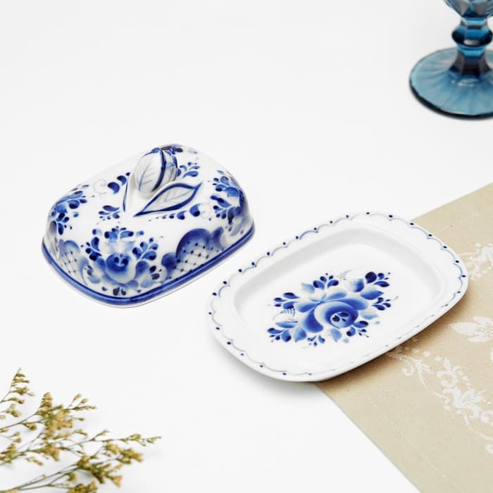 Маслёнка фарфор «Тюльпан», 16×10.5×10 см, гжель