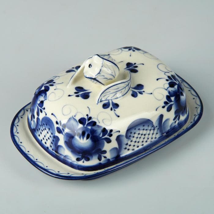 Маслёнка фарфор «Тюльпан», 16×10.5×10 см, гжель