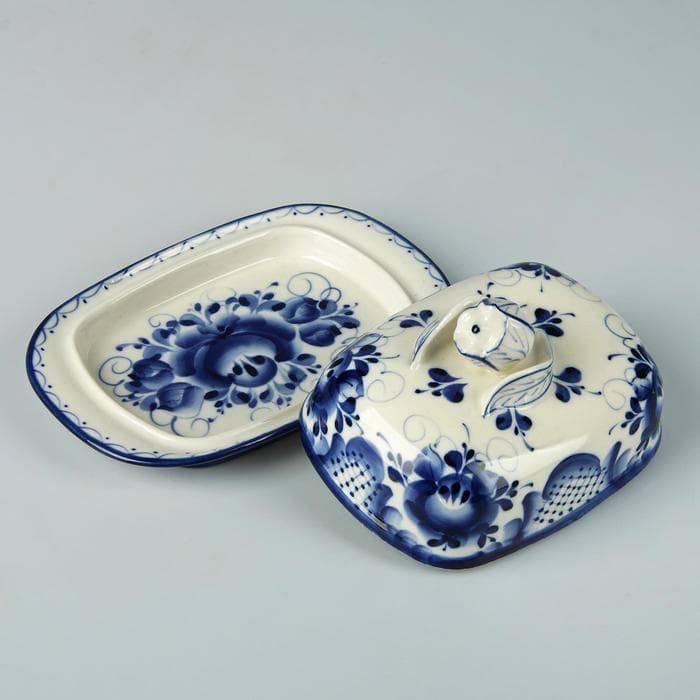 Маслёнка фарфор «Тюльпан», 16×10.5×10 см, гжель