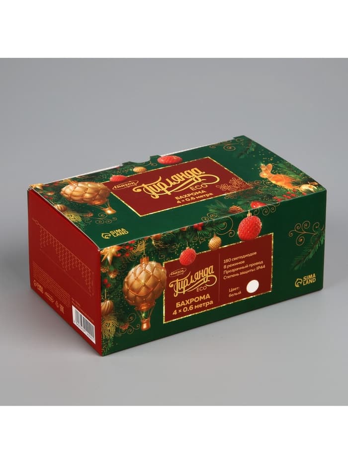 Гирлянда «Бахрома» 4×0.6 м, IP44, прозрачная нить, 180 LED, свечение белое, 8 режимов, 220 В