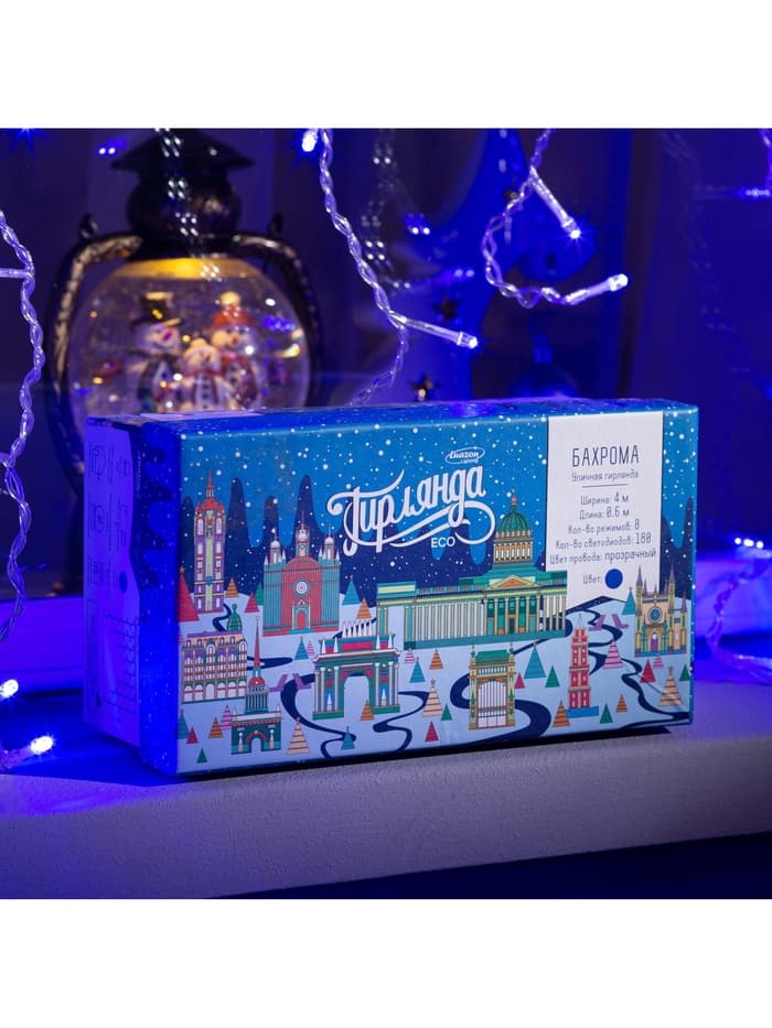 Гирлянда «Бахрома» 4×0.6 м, IP44, прозрачная нить, 180 LED, свечение синее, 8 режимов, 220 В