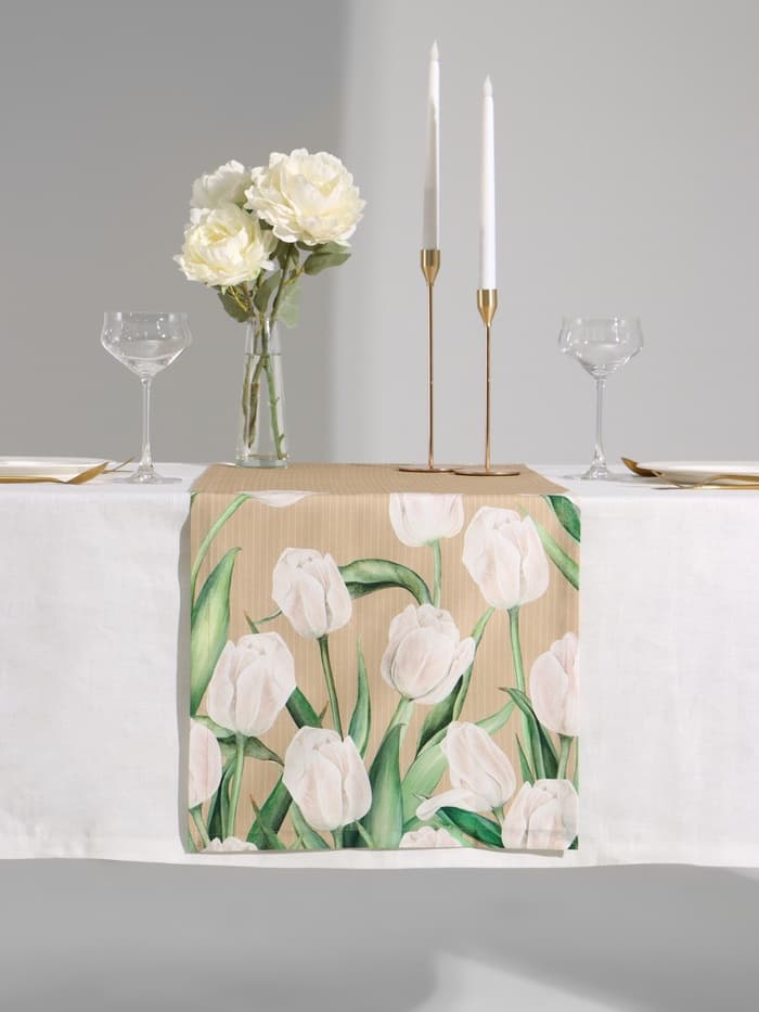 Дорожка на стол «Этель. Белые тюльпаны», 40×149 см, 100% хлопок, саржа 190 г/м², бежевая