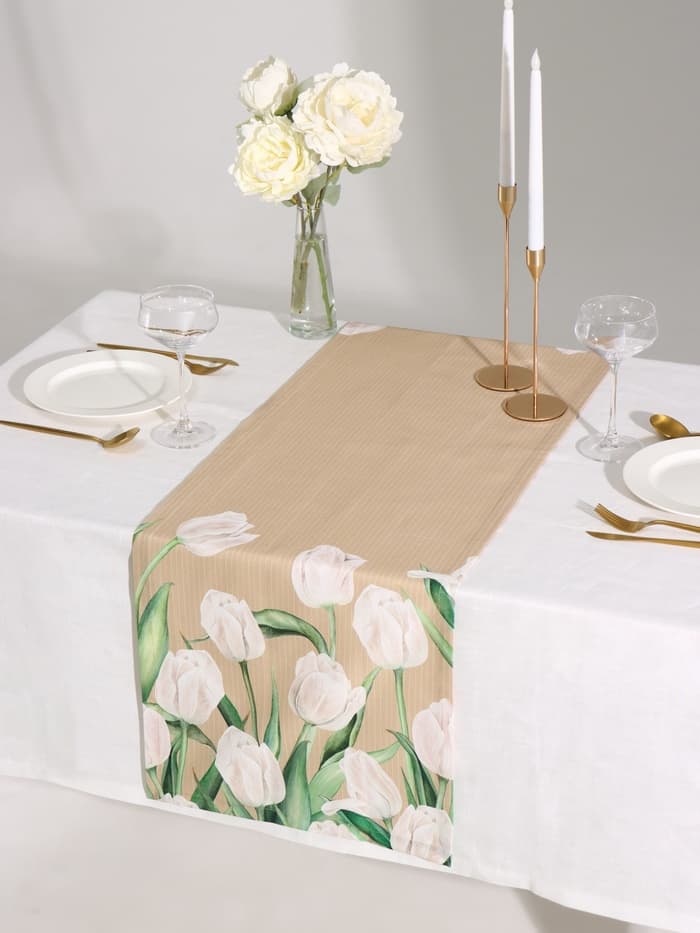 Дорожка на стол «Этель. Белые тюльпаны», 40×149 см, 100% хлопок, саржа 190 г/м², бежевая