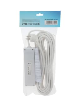 Удлинитель Luazon Lighting, 3 розетки, 10 м, 6 А, 1300 Вт, 3×0.75 мм2, с заземлением, с выключателем, белый
