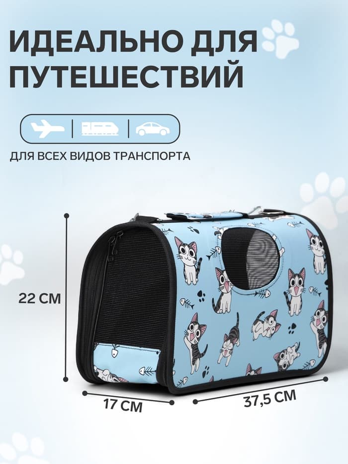 Сумка - переноска каркасная «Играющие котики», размер S, 37.5×17×22 см, голубая