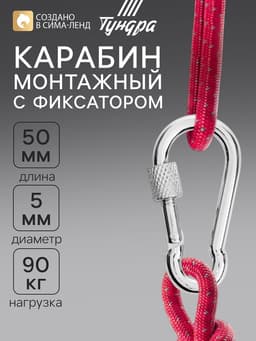 Карабин монтажный с фиксатором ТУНДРА krep, DIN5299D, 5×50 мм, оцинкованный, 1 шт.