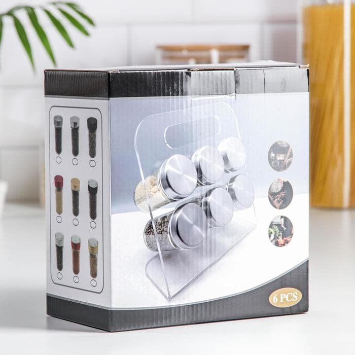 Набор для специй «Модерн», 23×9×22 см, 90 мл, 4×9.5 см, на подставке, 6 шт., стекло