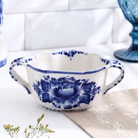Бульонница с ручками «Ивушка», H=7 см, 0.35 л, фарфор, гжель