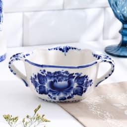 Бульонница с ручками «Ивушка», H=7 см, 0.35 л, фарфор, гжель