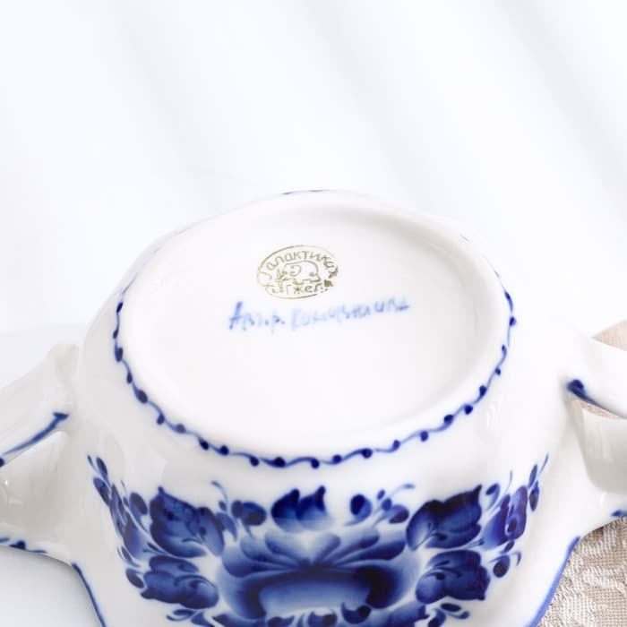 Бульонница с ручками «Ивушка», H=7 см, 0.35 л, фарфор, гжель