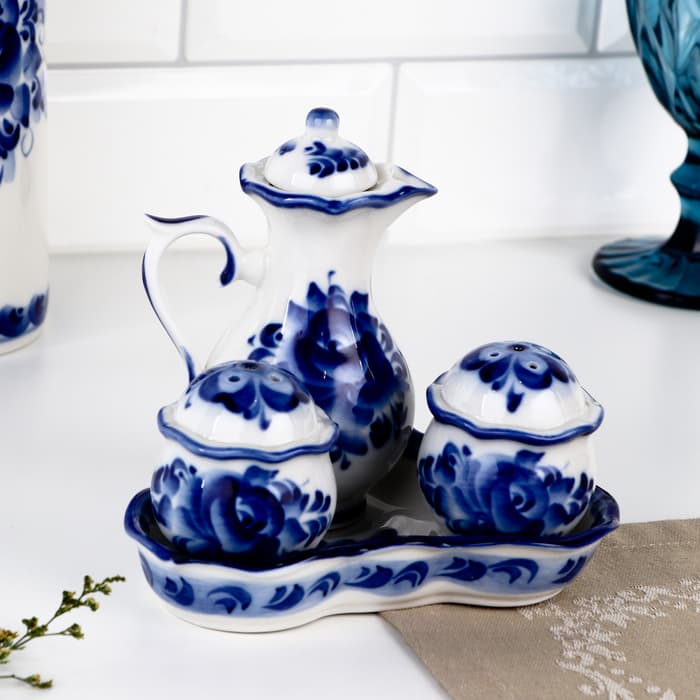 Набор для специй на подставке с молочником (питчером) «Весенний», 4 предмета, фарфор, гжель