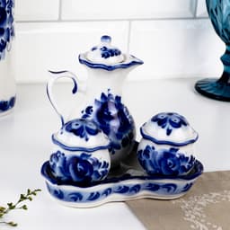 Набор для специй на подставке с молочником (питчером) «Весенний», 4 предмета, фарфор, гжель