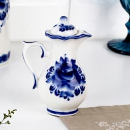 Набор для специй на подставке с молочником (питчером) «Весенний», 4 предмета, фарфор, гжель