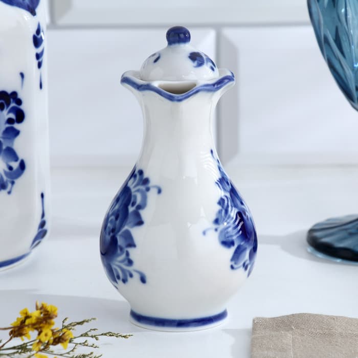 Набор для специй на подставке с молочником (питчером) «Весенний», 4 предмета, фарфор, гжель