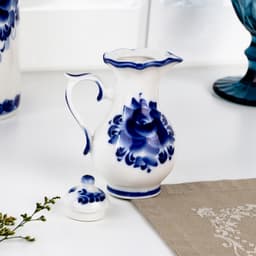 Набор для специй на подставке с молочником (питчером) «Весенний», 4 предмета, фарфор, гжель