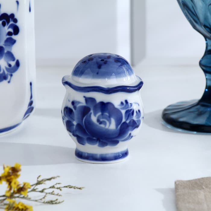 Набор для специй на подставке с молочником (питчером) «Весенний», 4 предмета, фарфор, гжель