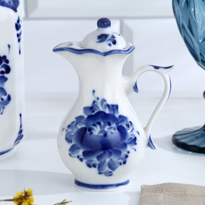 Набор для специй на подставке с молочником (питчером) «Весенний», 4 предмета, фарфор, гжель