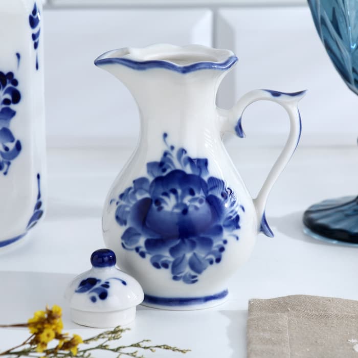 Набор для специй на подставке с молочником (питчером) «Весенний», 4 предмета, фарфор, гжель