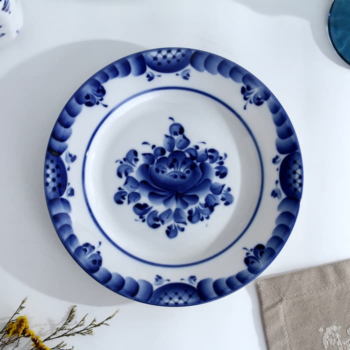Тарелка плоская «Цветы», d=20 см, гжель, фарфор