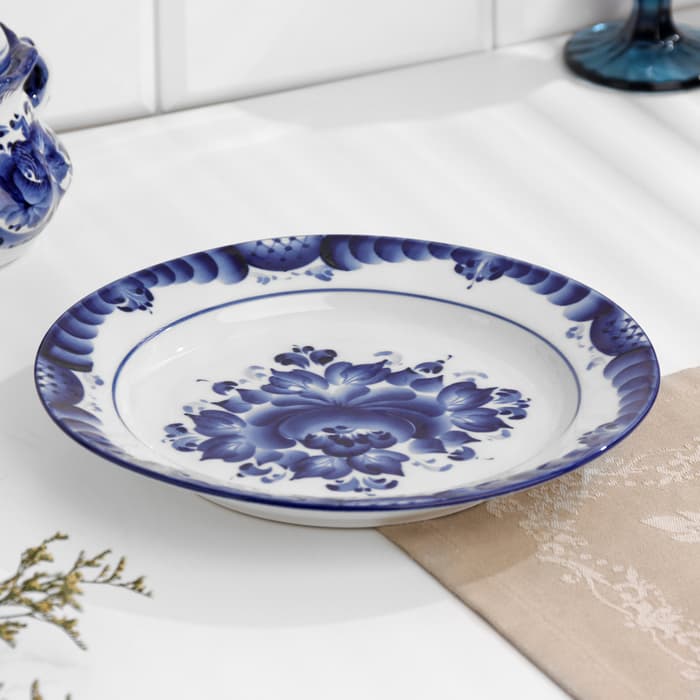 Тарелка плоская «Цветы», d=24 см, H=2 см, гжель, фарфор
