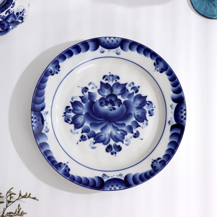 Тарелка плоская «Цветы», d=24 см, H=2 см, гжель, фарфор