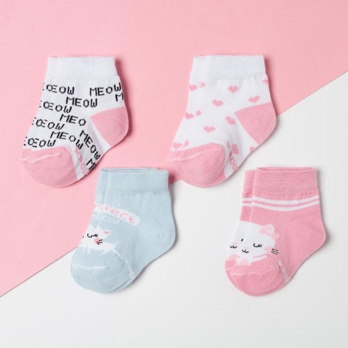 Носки для девочки «Крошка Я. Котик», набор 4 пары, бело-розовые, размер 10-12 см (9-12 мес.)