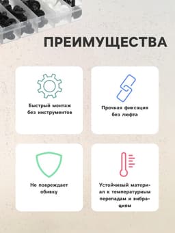Клипсы и пистоны крепежные, 6 видов, набор 100 шт.