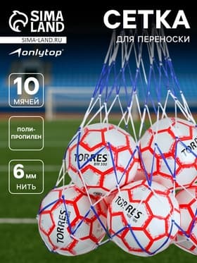 Сетка для переноски мячей ONLYTOP, на 10 мячей, нить 6 мм, 1.2 м, бело-синяя