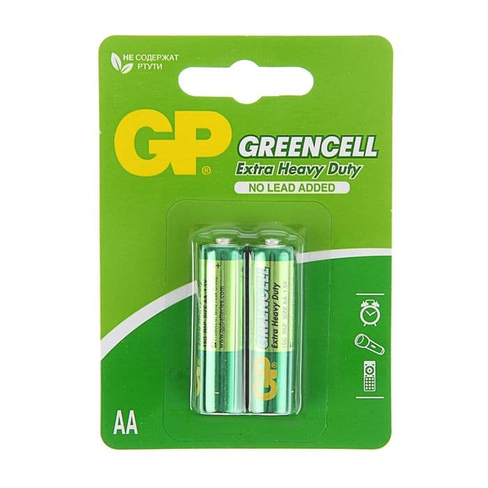 Батарейка солевая GP Greencell Extra Heavy Duty, AA, R6-2BL, 1.5 В, блистер, 2 шт.